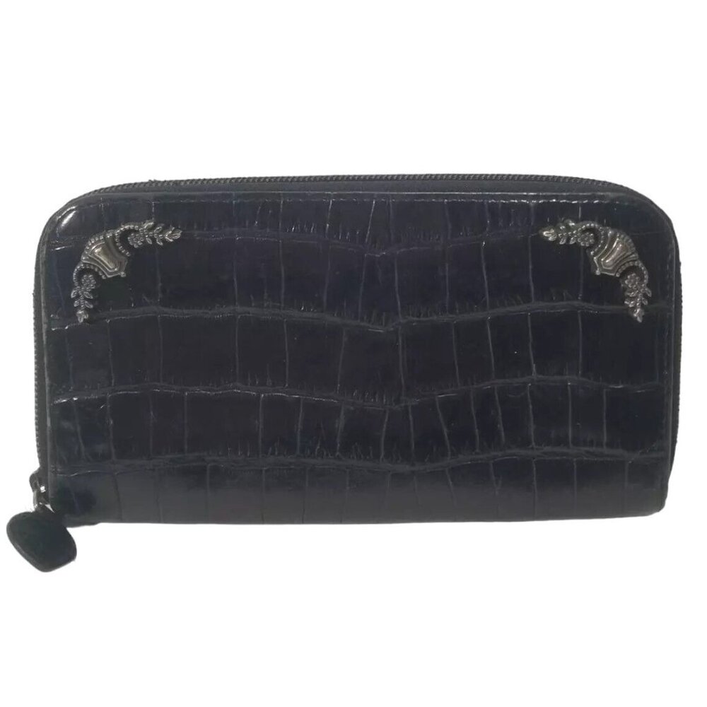 Brighton Vintage Black Leather Croc Zip Around Wallet with Silver Embellishments